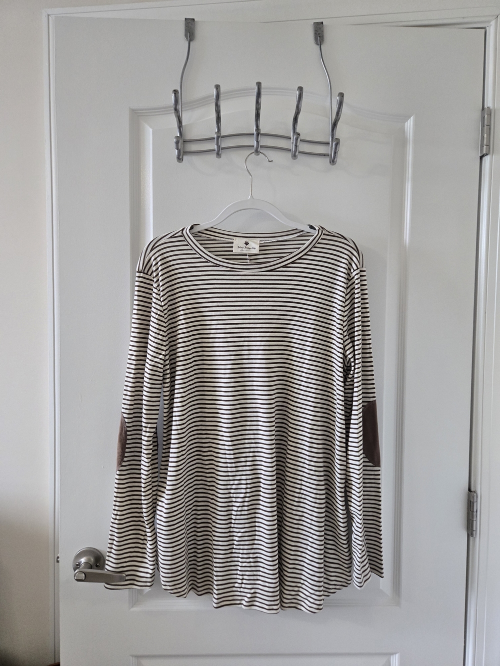 Striped Long-Sleeve Tunic with Elbow Patches - Brown & Cream